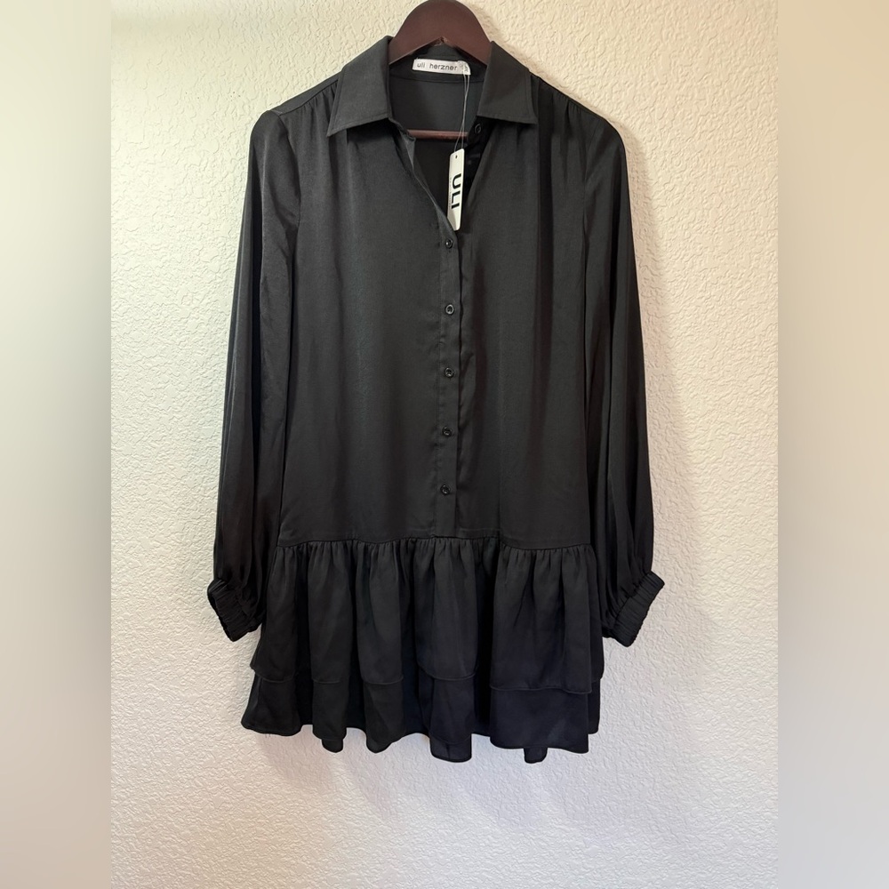 Uli Herzner Black Shirt Dress | Ruffle Hem| Silk Blend | Elegant Mini Dress - Picture 2 of 13
